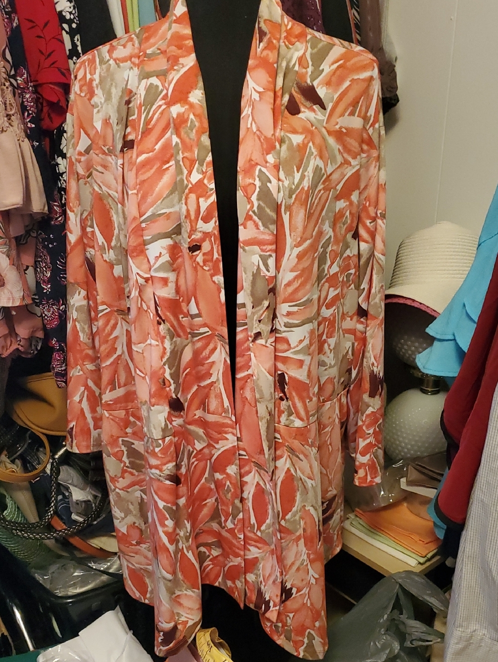 Southern Lady Coral and Cream Watercolor-Print Open Blazer